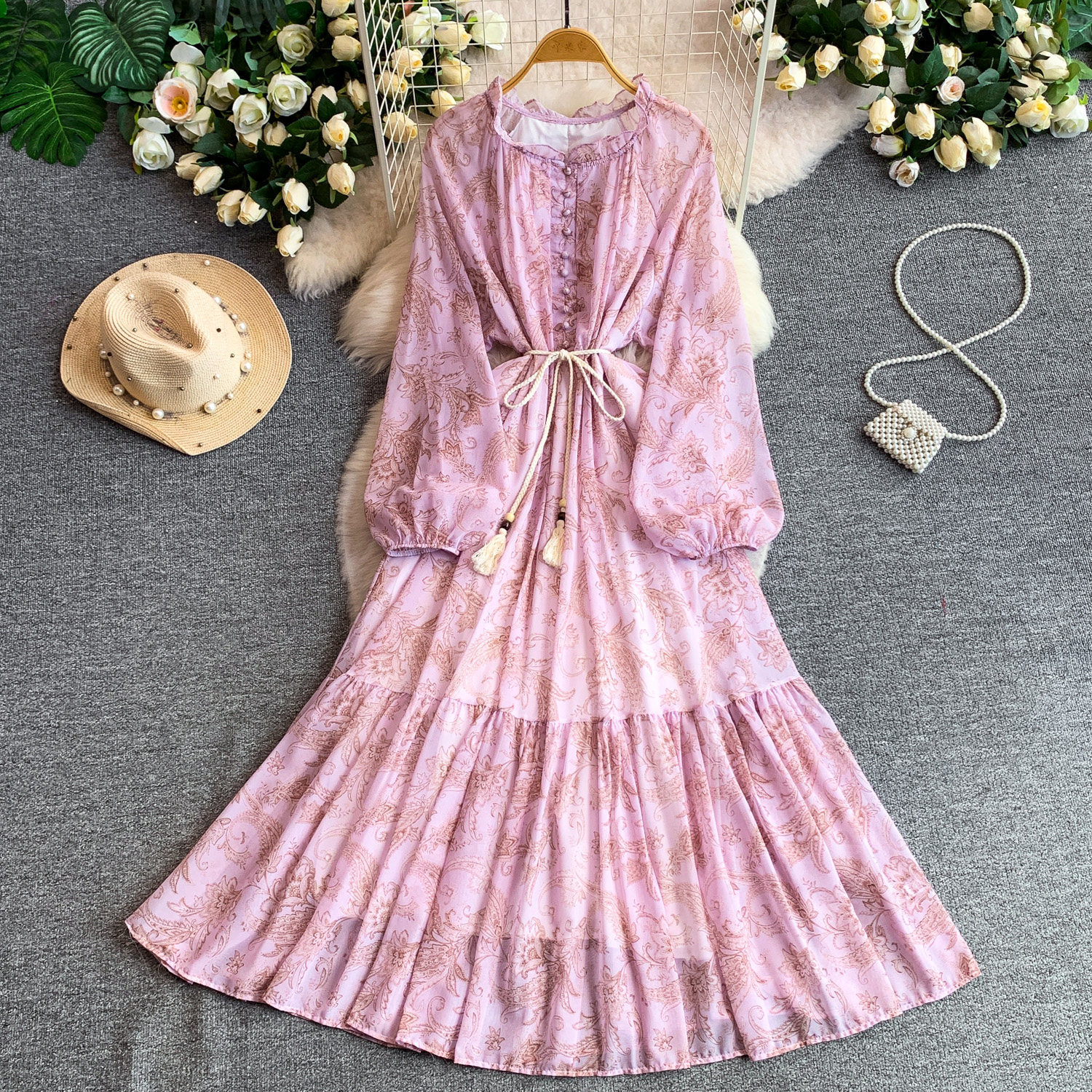 Elegant French Style Long Sleeve Dress Ruffled Collar Rope Waist Cinching Chiffon Printed Maxi Summer Retro Dress_ecoleips.com
