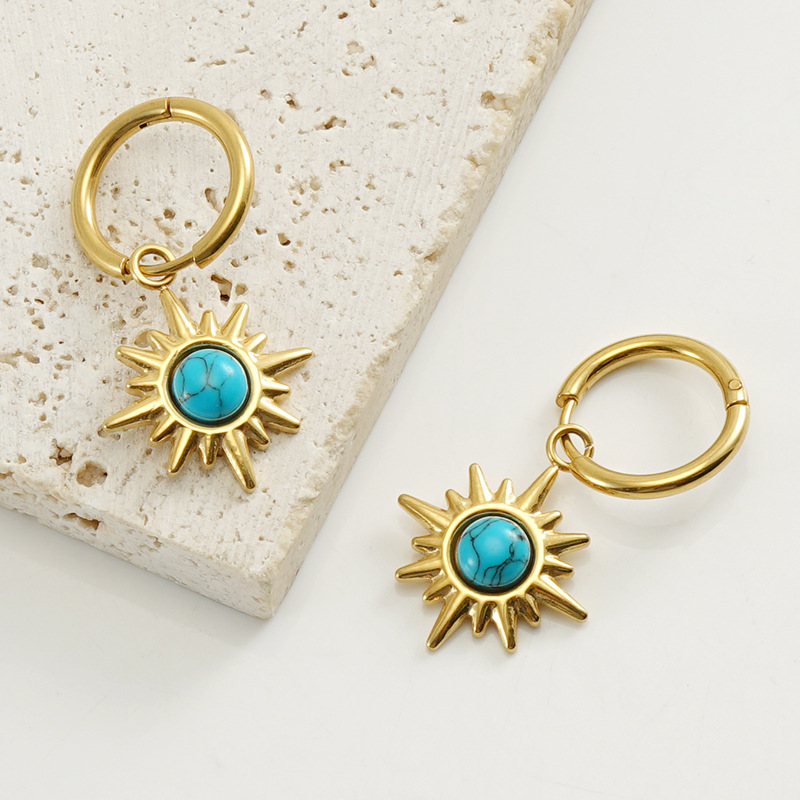 Simple Style Sun Stainless Steel Plating Inlay Turquoise 18k Gold Plated Drop Earrings display picture 1