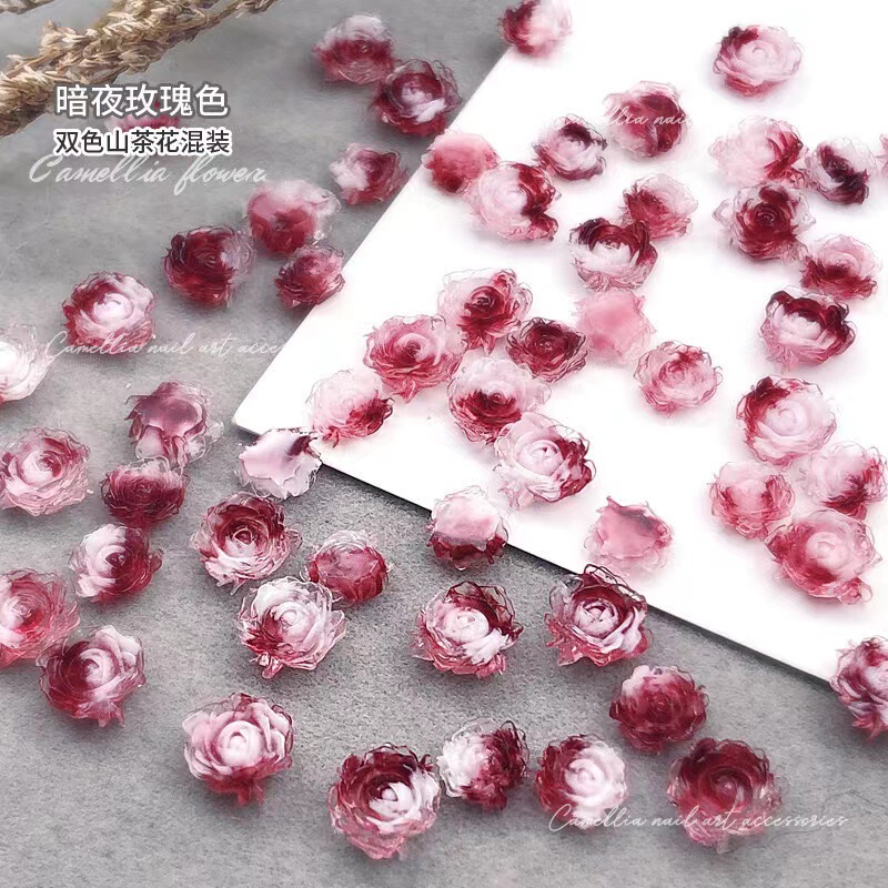 New Double Color Night Rose Camellia Nail Art Jewelry Spice Girl Rose Mixed Size Nail DIY Decoration