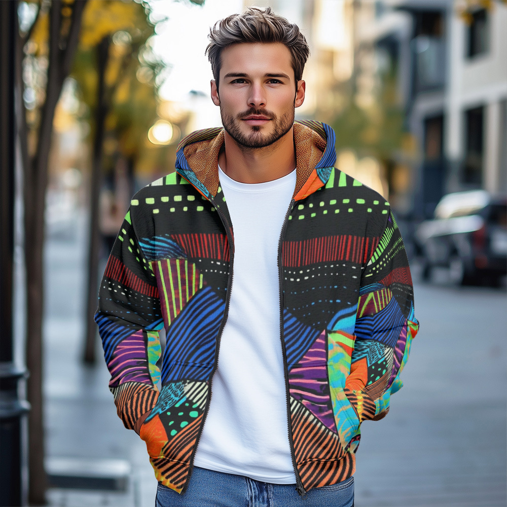 Giacca in cotone spesso con cappuccio e cerniera da uomo, stile europeo stampato, autunno/inverno 2024_voghion.com