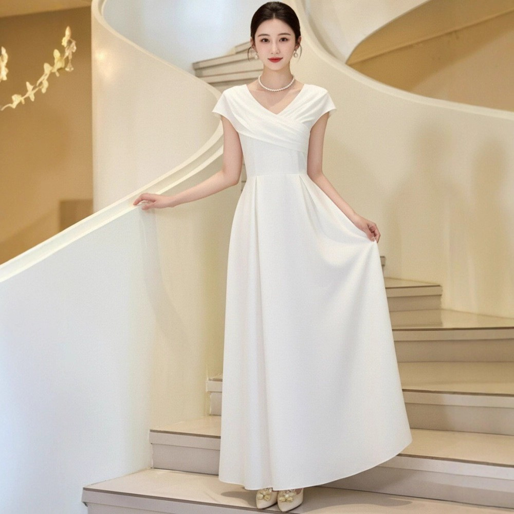 French-Style White Evening Dress Suitable for Everyday Wear, Engagement Dress, Elegant Host Registration A-Line Dress for Women