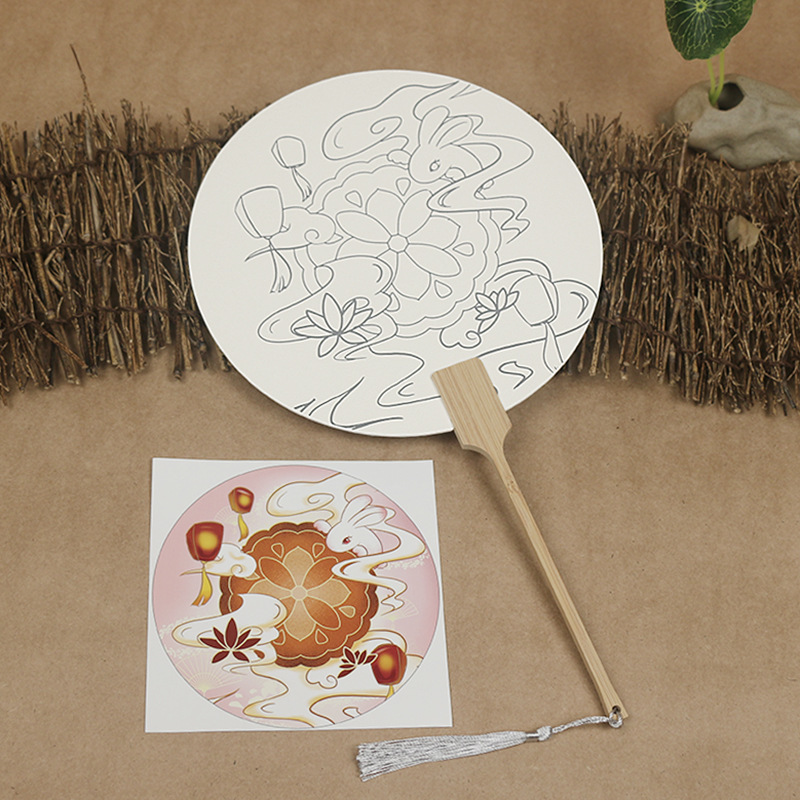 中秋団扇宣紙塗り扇手描き模写扇面diy線稿白描扇暖場活動落書き扇子|undefined
