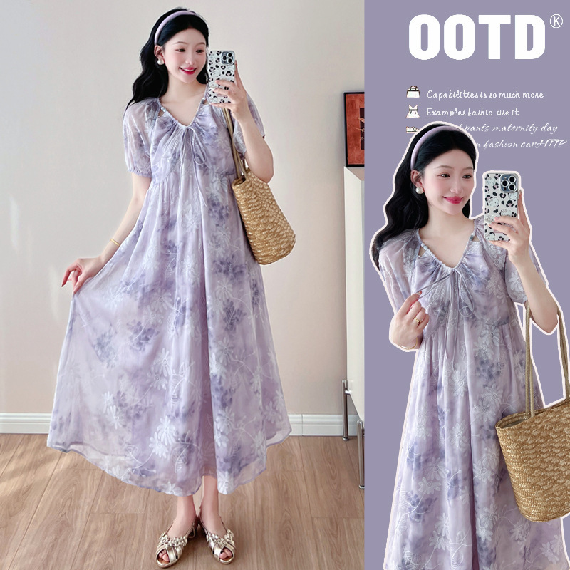 Maternity summer 2025 new pregnancy French wear with short sleeve dress summer pregnant mother beautiful skirt suit