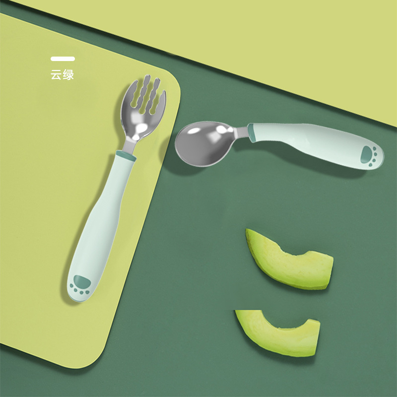 Children's spoon baby eating training spoon stainless steel bendable stainless steel soup spoon fork spoon suit food supplement tool