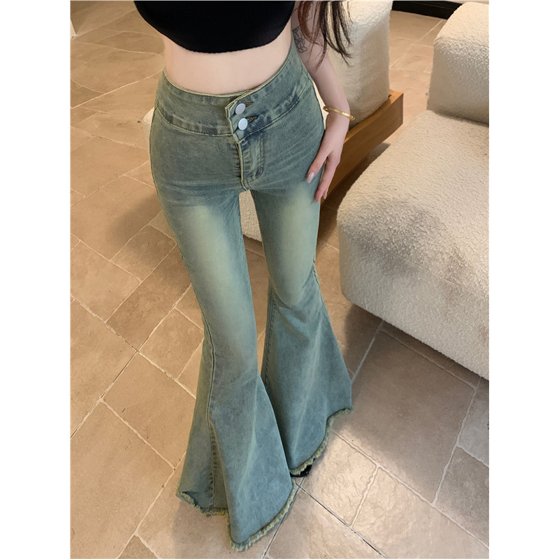 Light Color Fur Edge Retro Micro-flared Jeans Women's Spring and Autumn New Slim-fit Horseshoe Pants High Waist Slimming Straight Pants