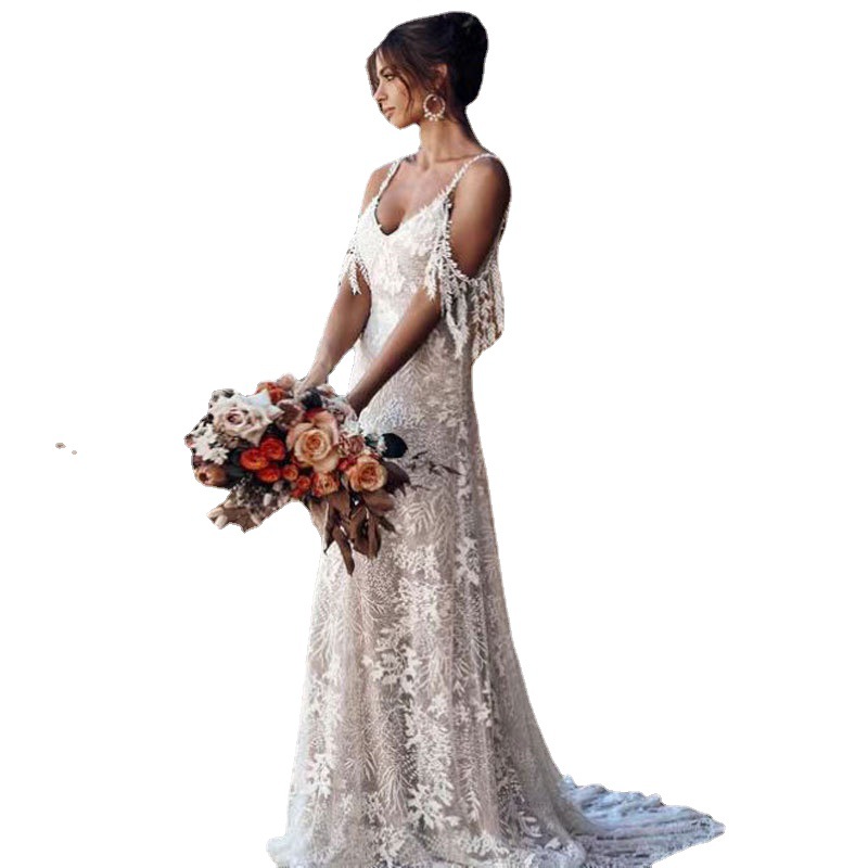 Europeo y americano Comercio exterior Amazon AliExpress deseo estación independiente nuevo encaje con cuello en V Correa largo arrastre vestido de novia image 5