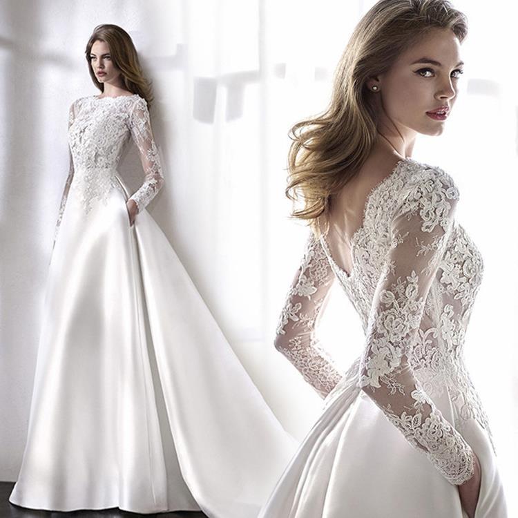 Vestido de boda de encaje nuevo satén de manga larga Europa y América comercio exterior Amazon AliExpress Wish velo ligero vestido de boda adelgazante