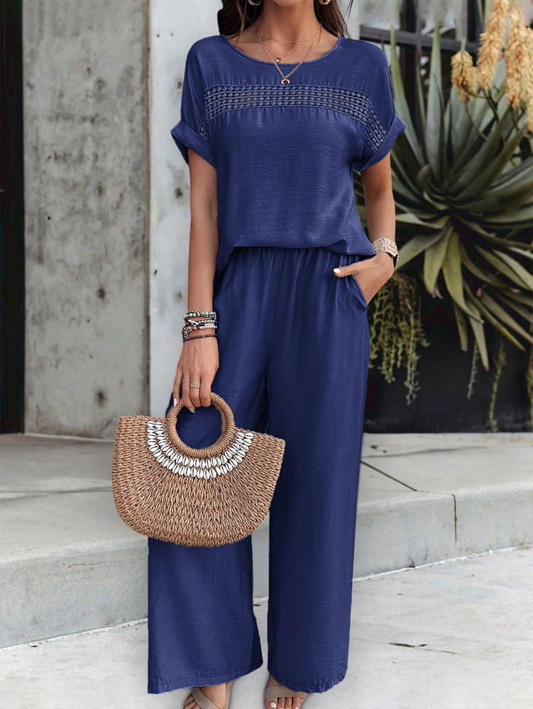 455g Weight Half Sleeve, Half Sleeve Sleeve Length Spandex, Polyester Fabric Type Low Waist Waist Line Short Top Length Pant Co-ord Set, Pant Co-ord Set Sets Type 2 Pieces Set Quantity Casual, Daily Occasion Round Neck, Round Neck Neckline Loose, Loose Fit Type Stripe, Solid Color Pattern Summer, Spring, Autumn Season Women's Gender Hollow Out Design Streetwear, Streetwear Style Apricot Color KaiKuO Women's Fashion Independent Station 2024 Spring Summer Export Casual Fashion Solid Color Short Sleeve Long Pants Hollow Out Set 22