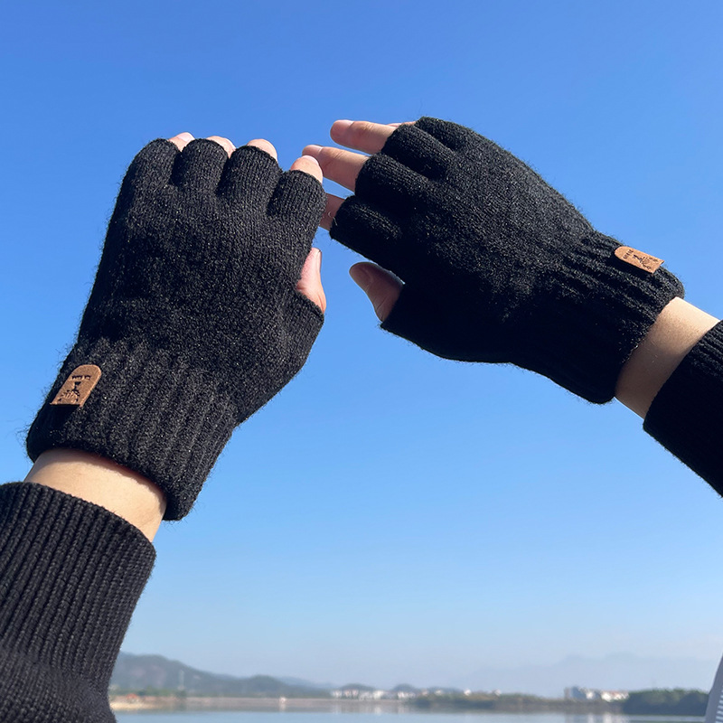 Half-Finger Gloves Men's Fingers-Free Winter Half-Fingers Riding Driving Thickened Wool Knitted Fingers Leaky Cold-proof and Warm-keeping