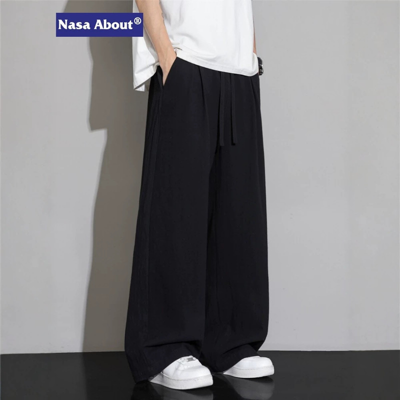 Nasa about Pure Cotton Casual Pants for Men, Summer Thin Ice Silk Cool Loose Straight-Leg Sports Wide-Leg Long Pants