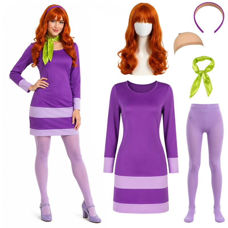 Halloween Deluxe Adult Costume Women, Purple Mini Dress Wig, Scarf Headband, Thigh Stockings and Fake