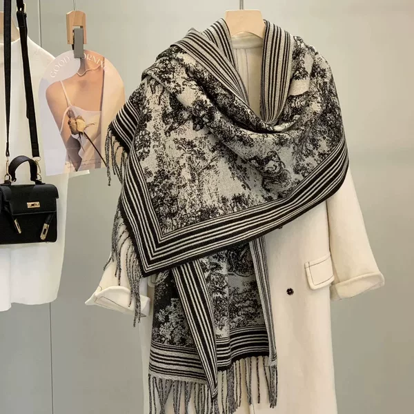 New Imitation Cashmere Double-Sided Tassel Scarf for Women in Autumn and Winter Thickeneded Warm Scarf Versatile Fashionable High-End Letter Shawl