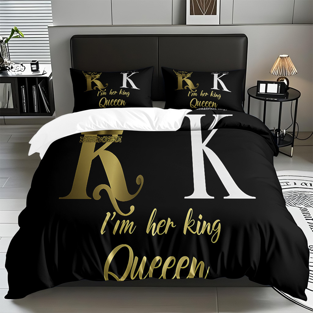 TEMU / JIT textil doméstico alfabeto digital impresión molido conjunto textil doméstico suave piel transpirable colcha cubierta de almohada combinación