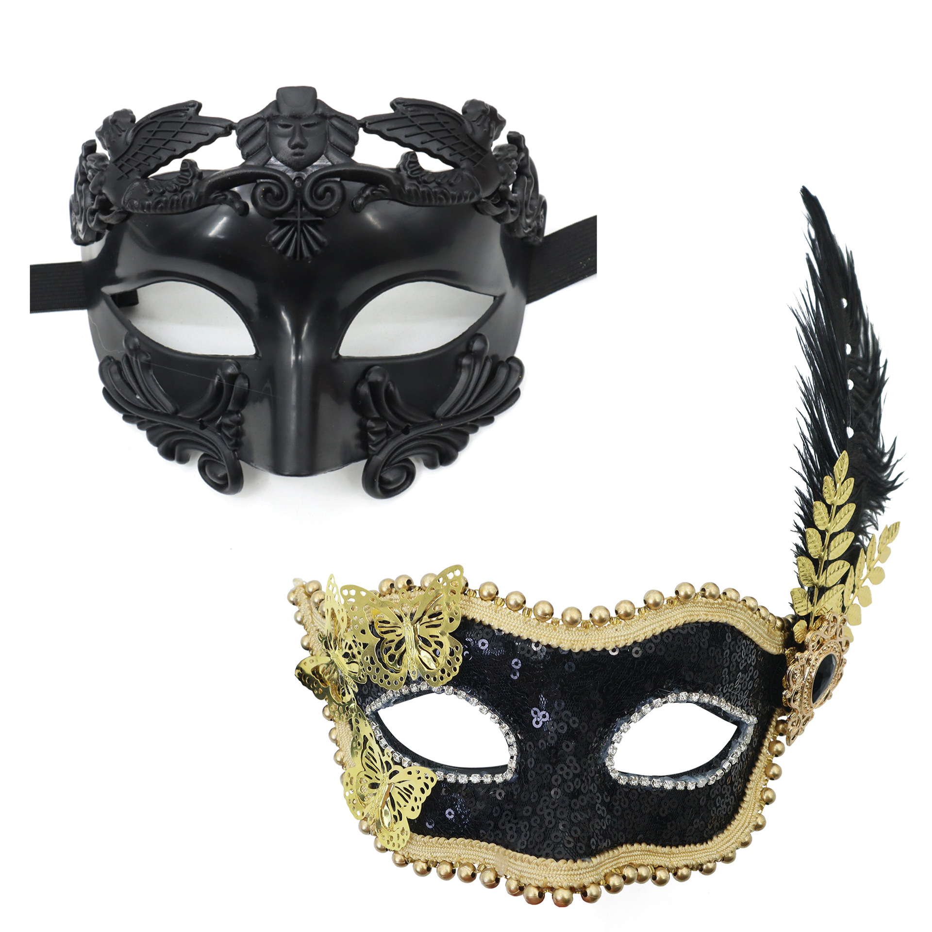 Amazon venta caliente carnaval borde lateral plumas metálicas mariposas retro máscaras de mitad de cara romana baile de maquillaje