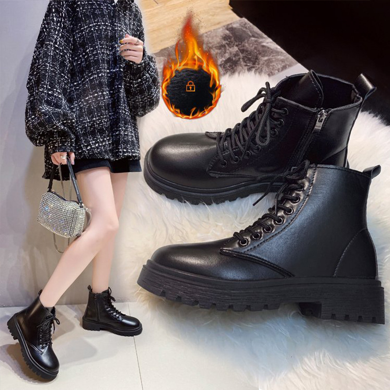 Martin boots for women 2022 autumn and winter New Round toe versatile side zipper boots chunky heel lace-up Korean style Martin boots