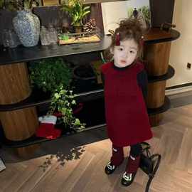 韩系女童新年套装2025冬季新款洋气时髦红色呢子背心连衣裙套装潮