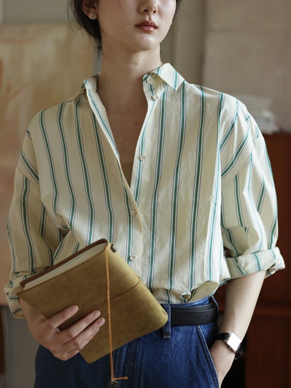 Red Label Japanese Stylem Company Imported Yarn-Dyed Green French Stripesd Loose Shirt Women's Long-Sleeved Pink