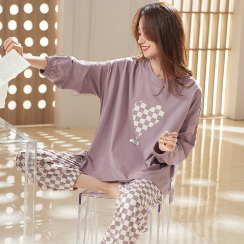 Spring and Autumn pajamas women's long-sleeved ins Korean-style cute cartoon two-piece suit student drawstring pants home wear Women