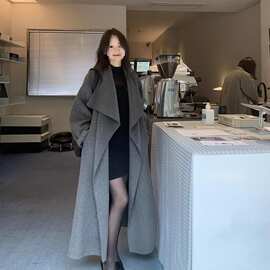 秋冬季新款修身慵懒大翻领韩剧女主长款大衣