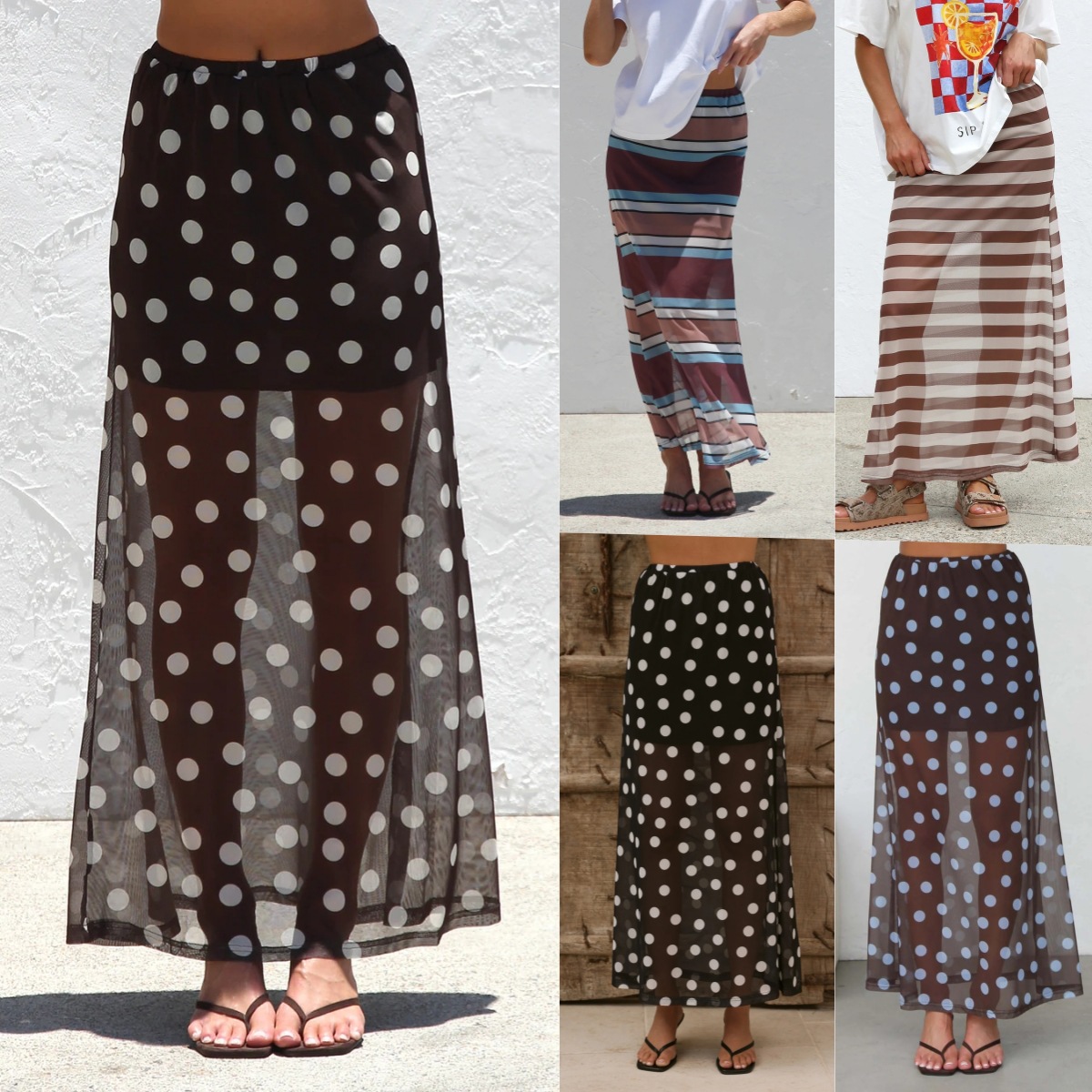 2026 European and American Cross-Border Independent Website New Style Skirt, Mesh Polka Dot Stripe Print Casual Vacation Skirt
