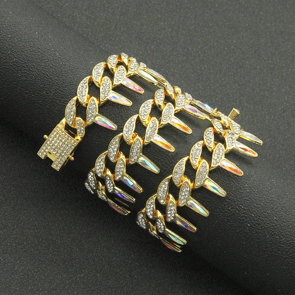 European And American Hip Hop Barbed Colored Diamond Cuban Chain Bracelet display picture 4