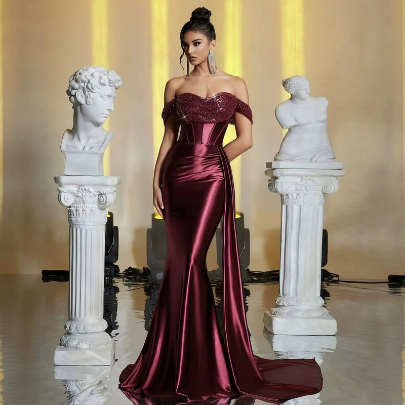 Evening dress with off-shoulder satin bodice, fishbone corset, and fishtail long skirt for receptions, banquets, graduation balls, and evening wear, available in plus sizes for cross-border wholesale Evening dress with off-shoulder satin bodice, fishbone corset, and fishtail long skirt for receptions, banquets, graduation balls, and evening wear, available in plus sizes for cross-border wholesale