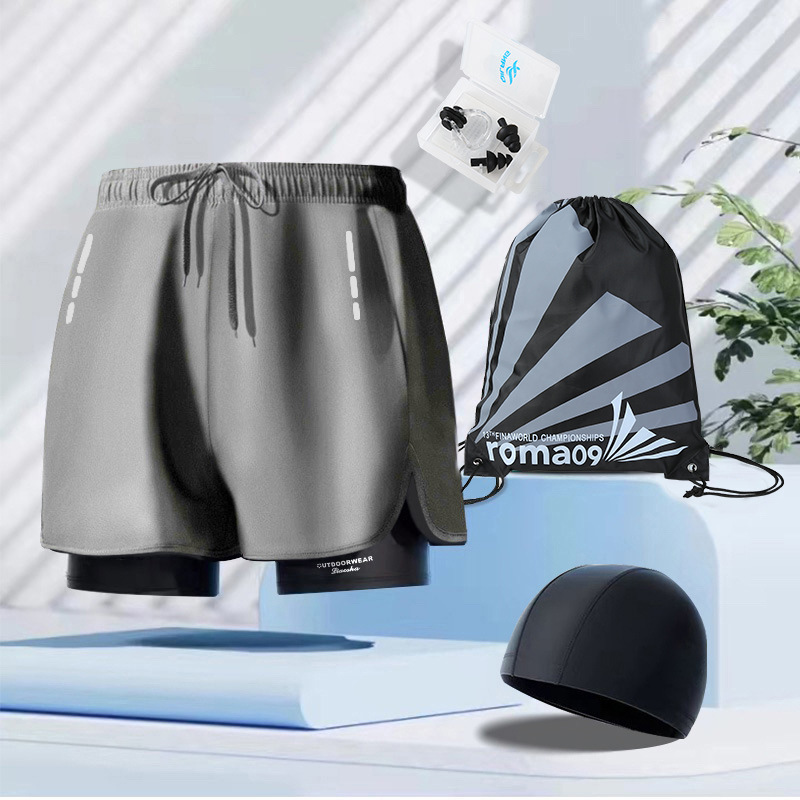 Trousers, beach swimming cap, nose clip, earplugs