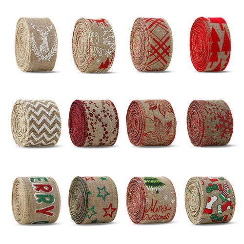Cross-border hot selling imitation linen Christmas ribbon decoration red khaki bow snowflake ribbon Christmas decorations