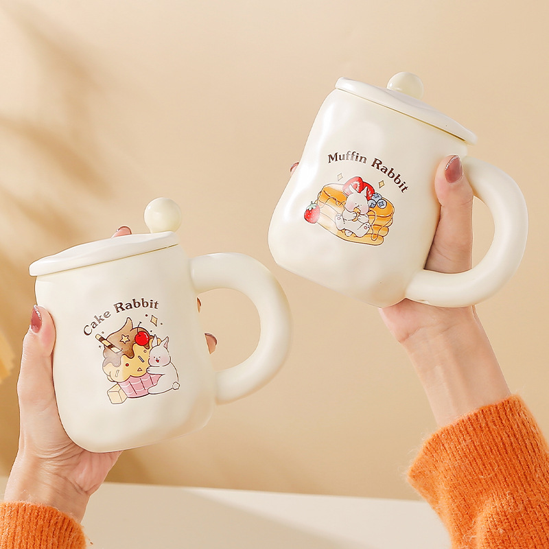 Creativo lindo conejo leche huhu Taza de cerámica personalizada dibujos animados gran mango taza café con tapa cuchara beber