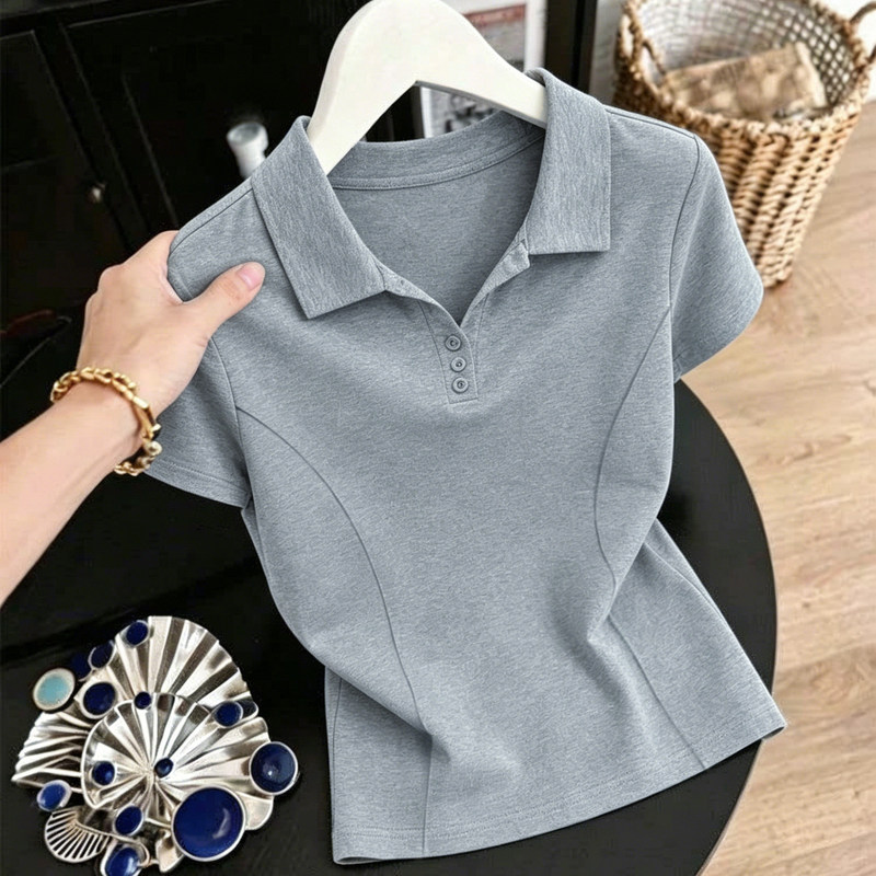 High-quality women's short-sleeve t-shirt with straight shoulders, summer 2026 new style, petite figure flattering, slim-fit, short polo collar top