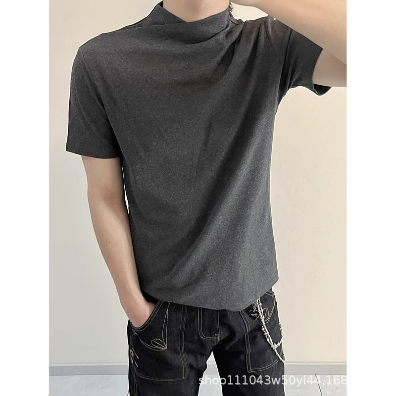 American Style Retro Smoke Grey Cross-Fit Collar Shoulder Chords Knitted Slim-Fit Breathable Short-Sleeved T-Shirt Top for Men and Women