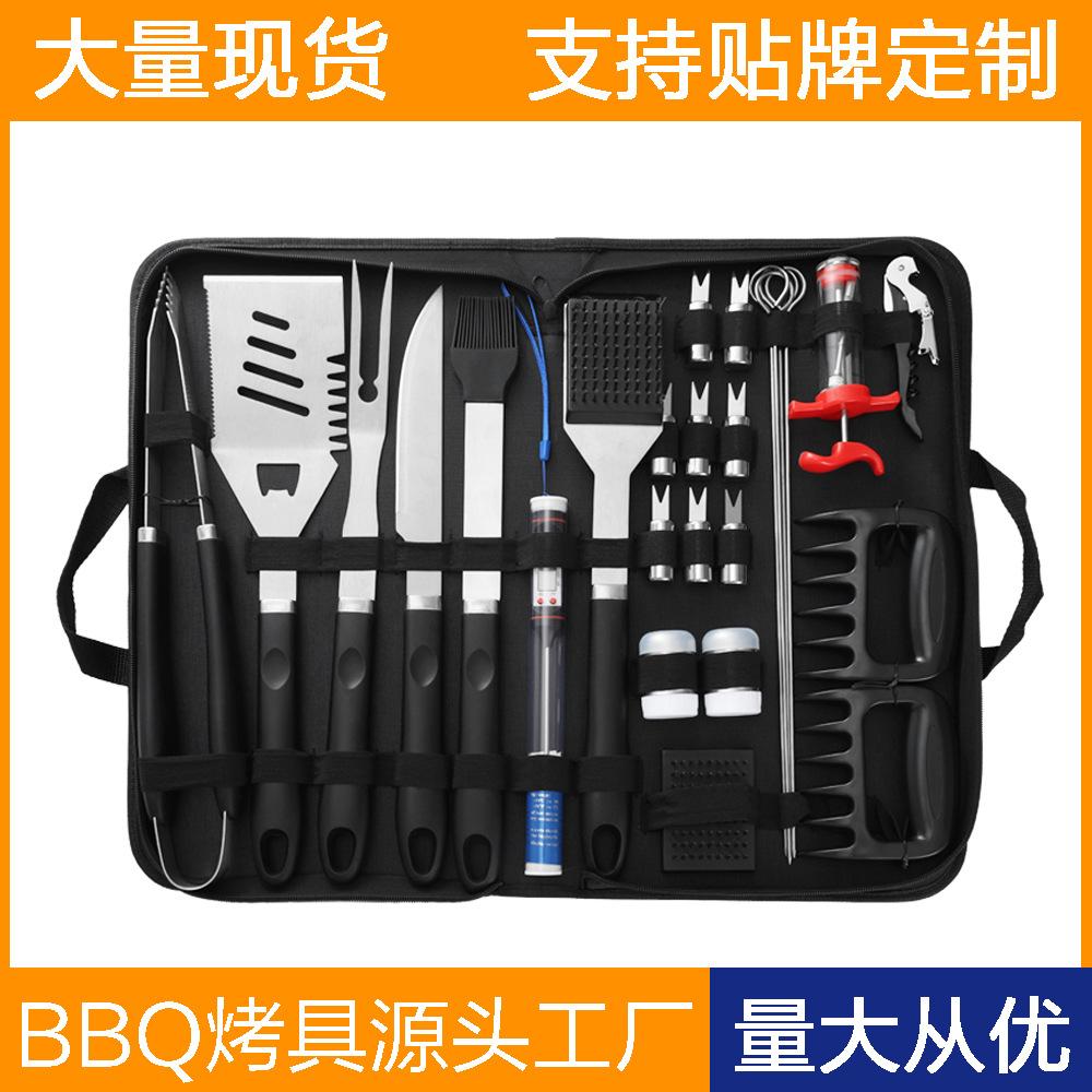 Fabricante Spot Herramientas para barbacoa Utensilios para hornear de acero inoxidable Bolsa de tela Juego de 26 piezas Combinación BBQ Camping Aparato para barbacoa al aire libre