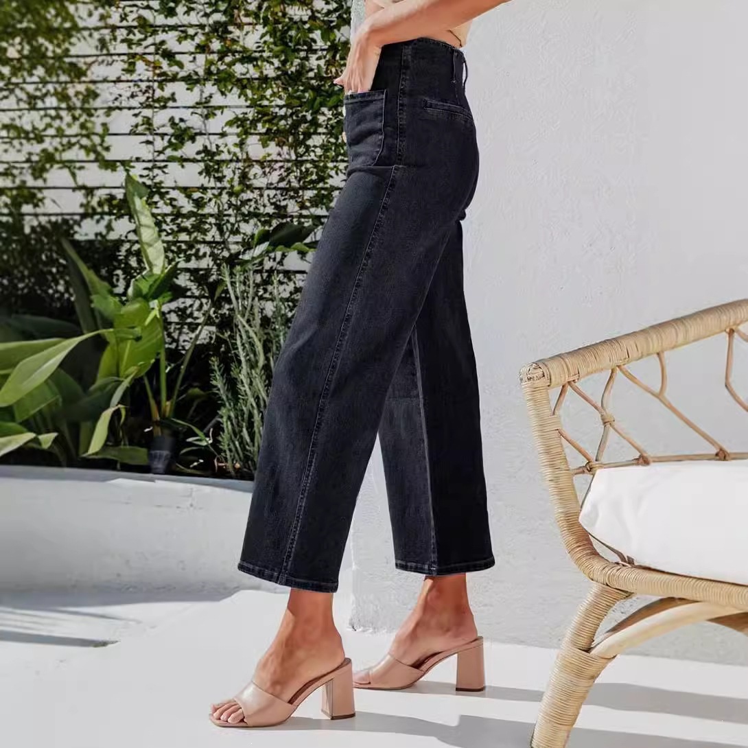Jeans de Tiro Alto y Pierna Ancha para Mujer de Algodón con Bolsillos image 4