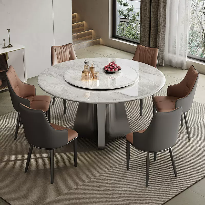 简约现代微晶石家用餐桌椅大理石圆形圆桌小户型超晶石带转盘饭桌