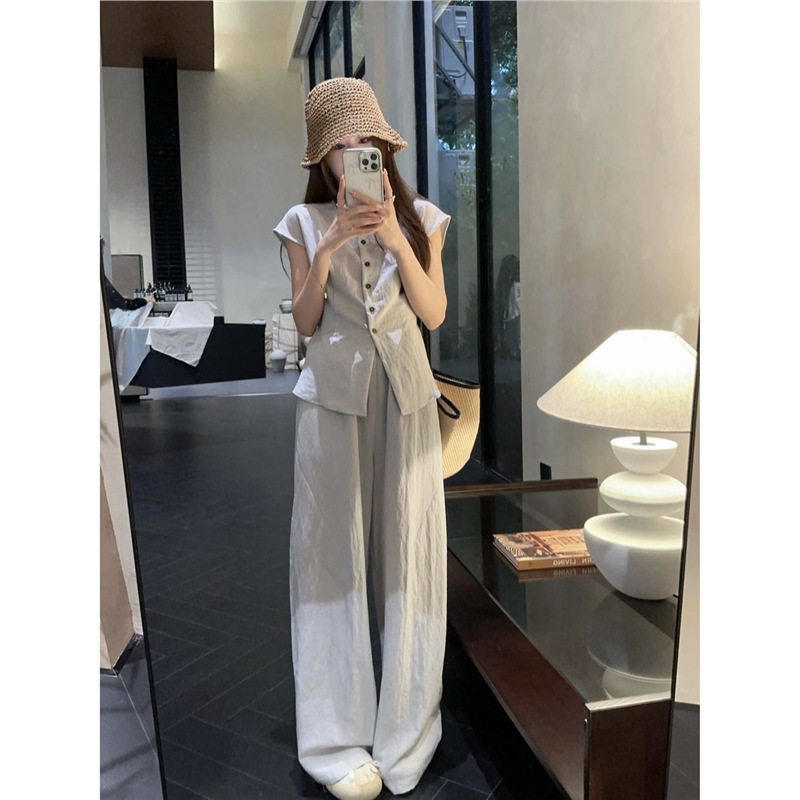 フレンチスタイルのレースアップウエストスリム半袖シャツハイウエストワイドレッグフロアレングスカジュアルパンツレディースサマーファッションスーツ|undefined