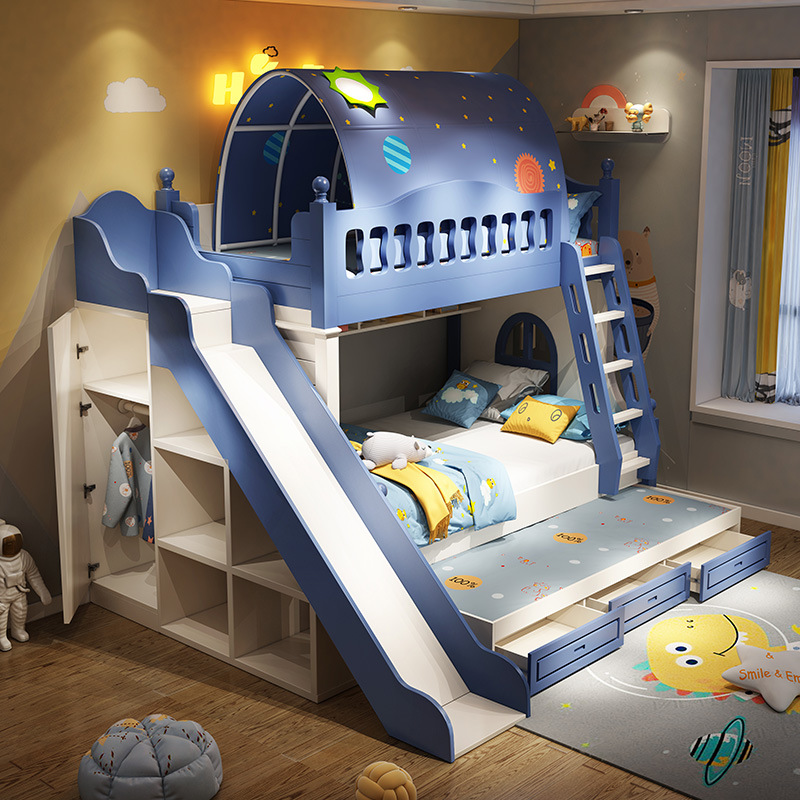 Children's Bunk Bed for Boys, High and Low Bed, Small Apartment Bunk Bed, Double Bunk Bed with Slide Combination