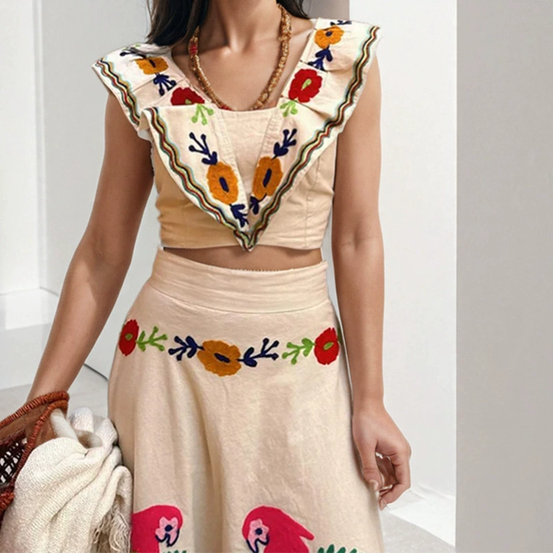 Amazon трансграничная европейская и американская женская одежда 2025 новые принты топы с рюшами полуюбки набор женский набор из двух частей