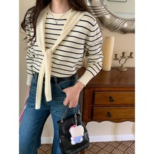 3th Morning 叠搭能手 韩系圆领小披肩宽松条纹针织衫ZY3481