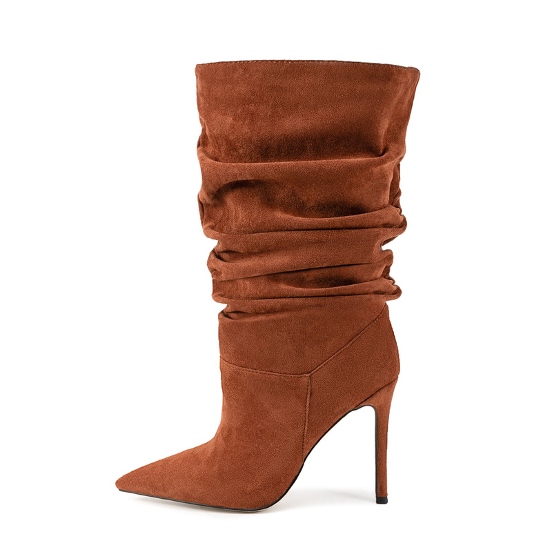 European and American Foreign Trade Cross-Border Pointed-Toe Pleated Stacked Boots, Size 47, with Thin High Heels, Suede Calf Boots, Slimming Fashion Women's Boots European and American Foreign Trade Cross-Border Pointed-Toe Pleated Stacked Boots, Size 47, with Thin High Heels, Suede Calf Boots, Slimming Fashion Women's Boots