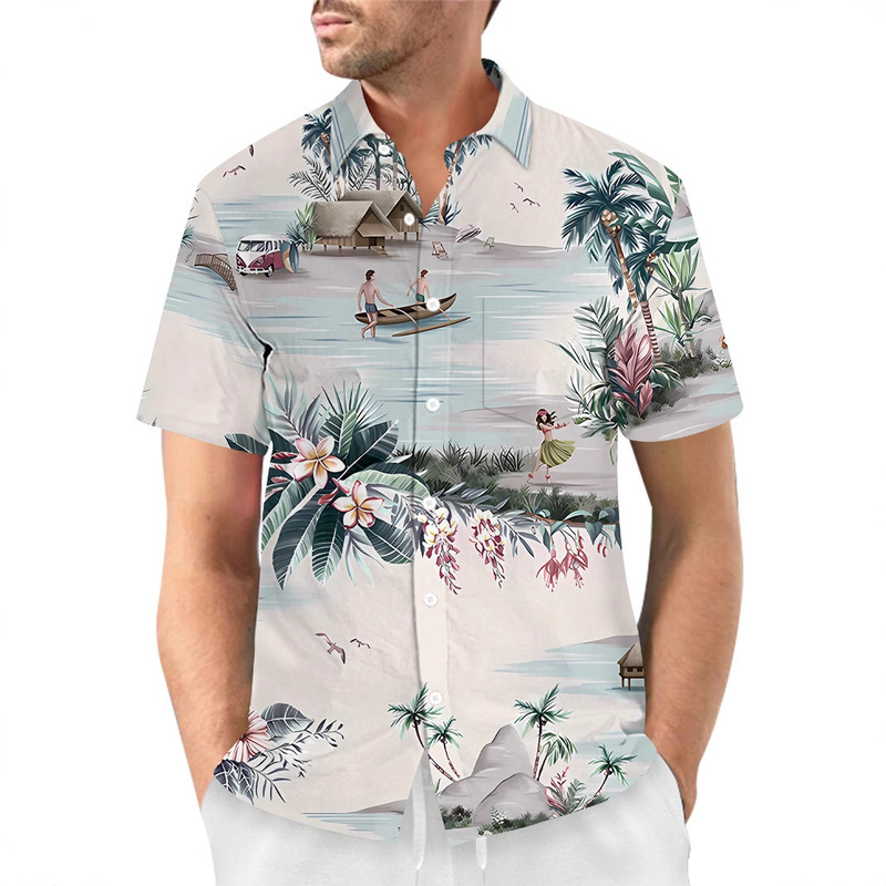 2025 Hot Selling Cross-Border 3D Printed Hawaiian Men's Fresh Seaside Shirt Popular Lapel Short-Sleeved Shirt
