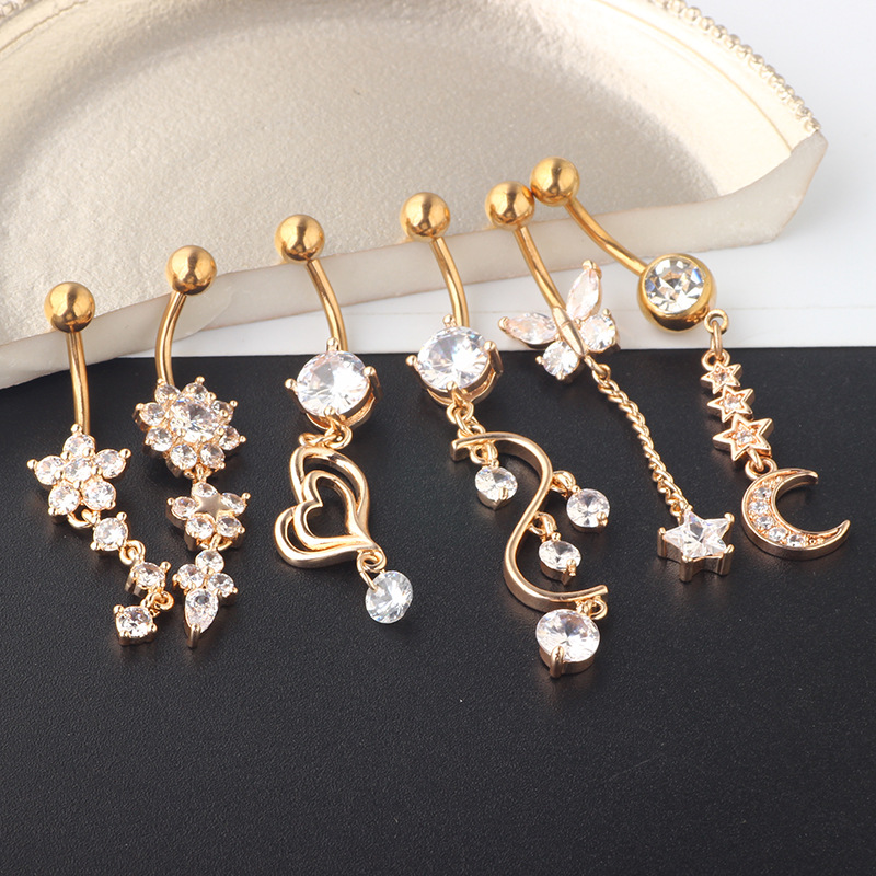 Rose Gold Zircon Belly Button Ring Set - 6 Piece Body Piercing Jewelry Suit detail image 8