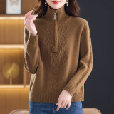 25年秋冬新款羊毛衫女翻领拉链绞花时尚毛衣宽松100%羊毛针织衫，女装针织衫/毛衣，妃慕昵服饰