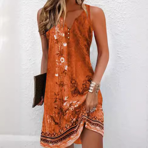 Floral Button Casual A-line Skirt Sleeveless V-neck Dress for Women