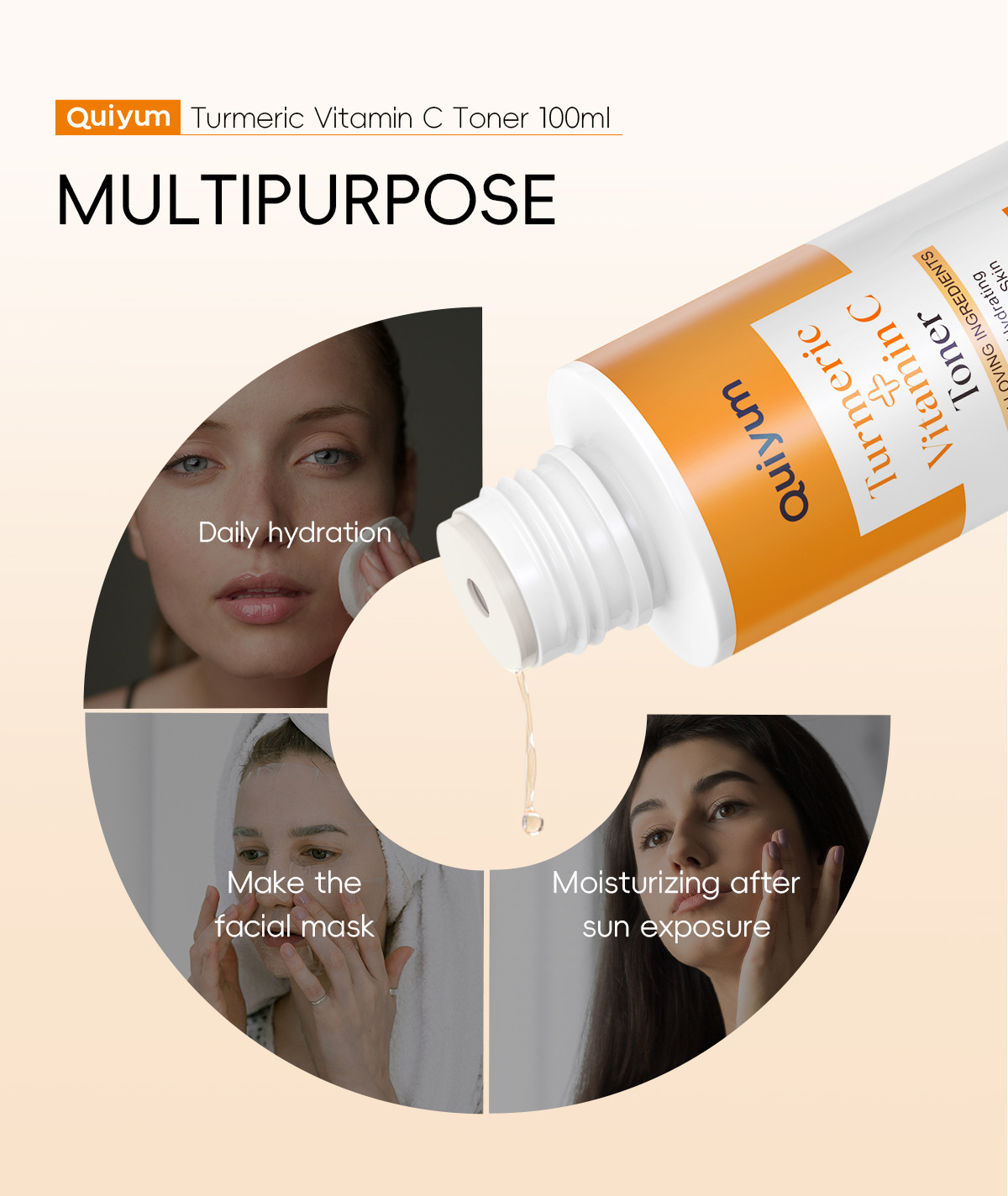 Cross-border new product QUIYUM Turmeric Vitamin c Toner 100ml for hydrating and moisturizing the face is available for wholesale from the manufacturer undefined