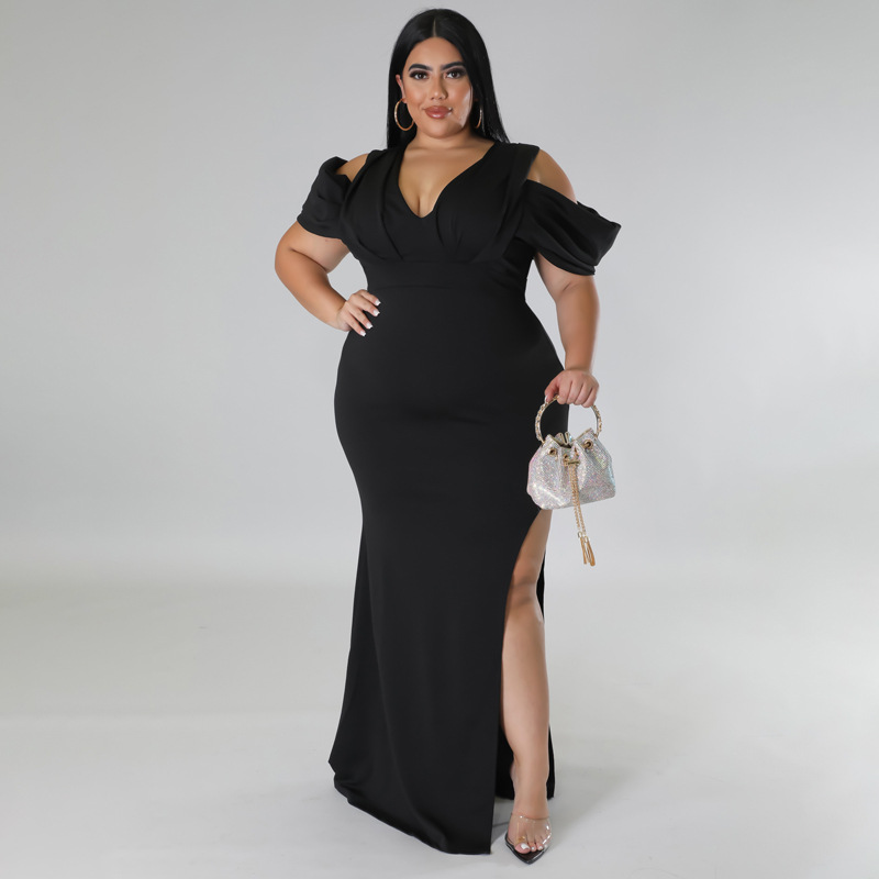 Plus Size High Slit V-Neck Fishtail Dress Milk Silk Knitted Flutter Sleeve Sexy Bodycon Maxi_voghion.com