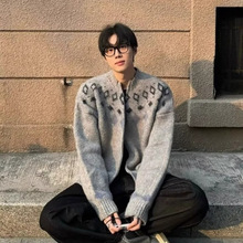 冬季新品古着费尔岛氛围感针织衫男生灰色无领开衫毛衣保暖外套男