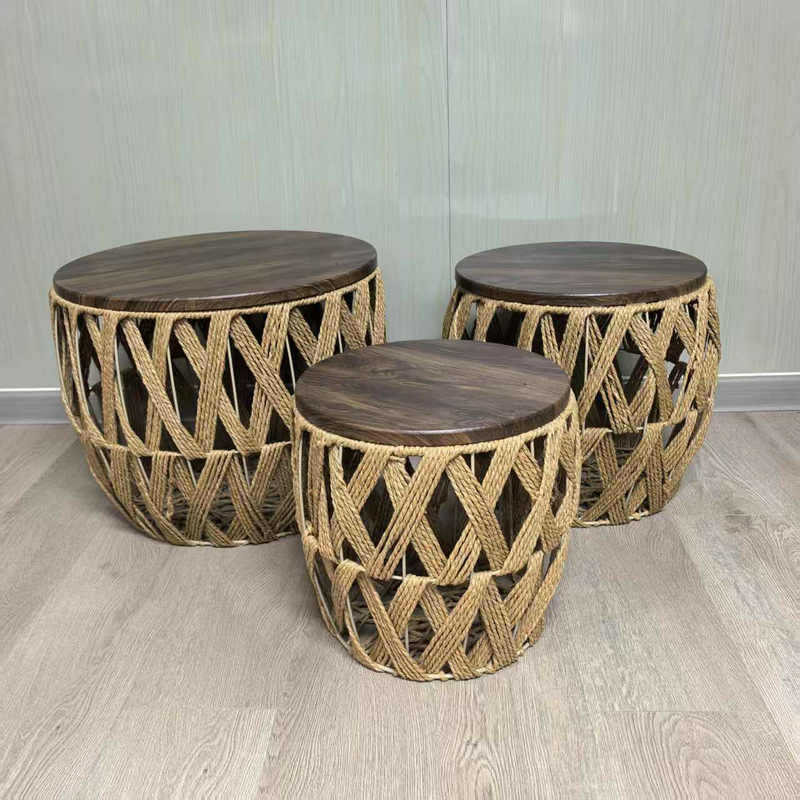 Mesa de tejido de madera transfronteriza mesa de té de caña sala de estar mesa de té balcón fábrica de mesa de tejido de paja al por mayor