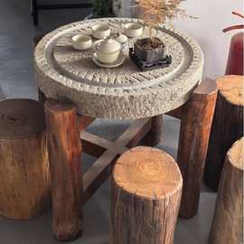 中式石磨茶盘复古怀旧石桌庭院茶具茶托摆件围炉煮茶旧石器书桌