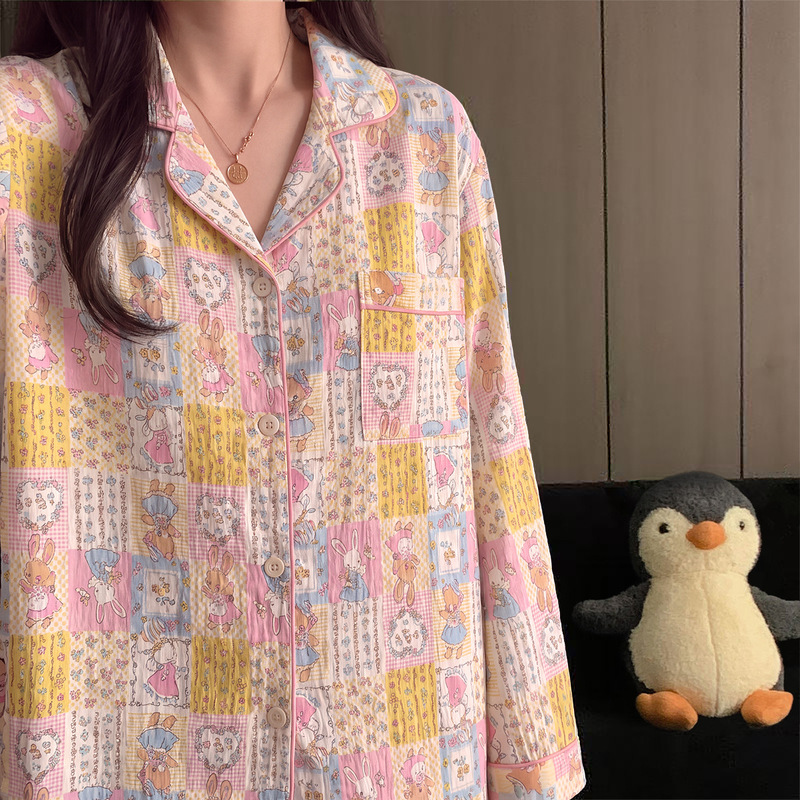 Cloud cotton pajamas for women, simple and sweet, trendy long-sleeve cardigan, casual thin home wear two-piece set for girls