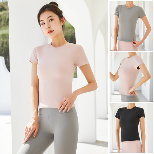 lulu running fitness yoga wear short-sleeved women's quick-drying sports tops can be worn outside solid color tights T-shirt wholesale